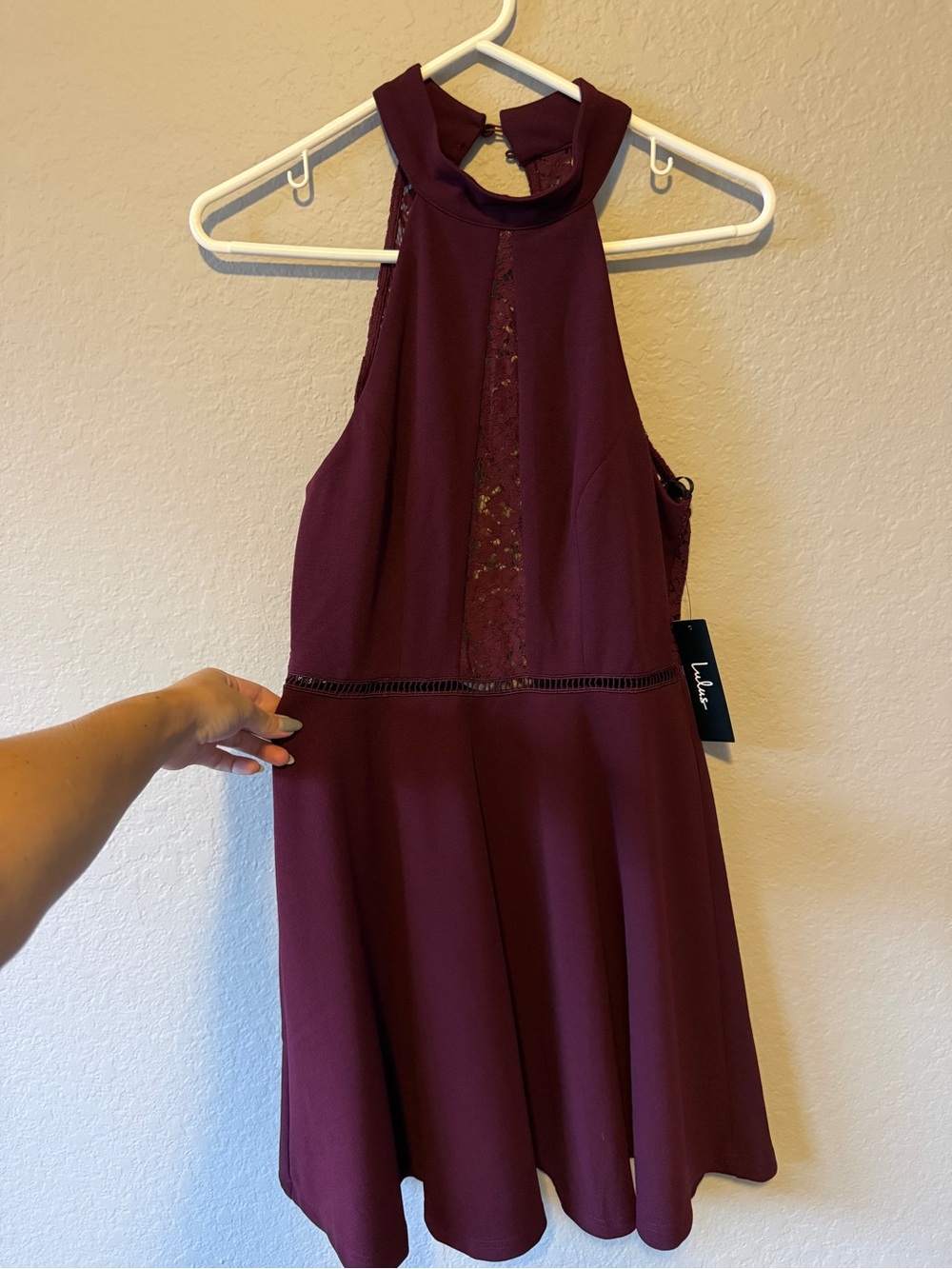 NWT - Lulu's Burgundy Halter Lace-Panel Midi Dress